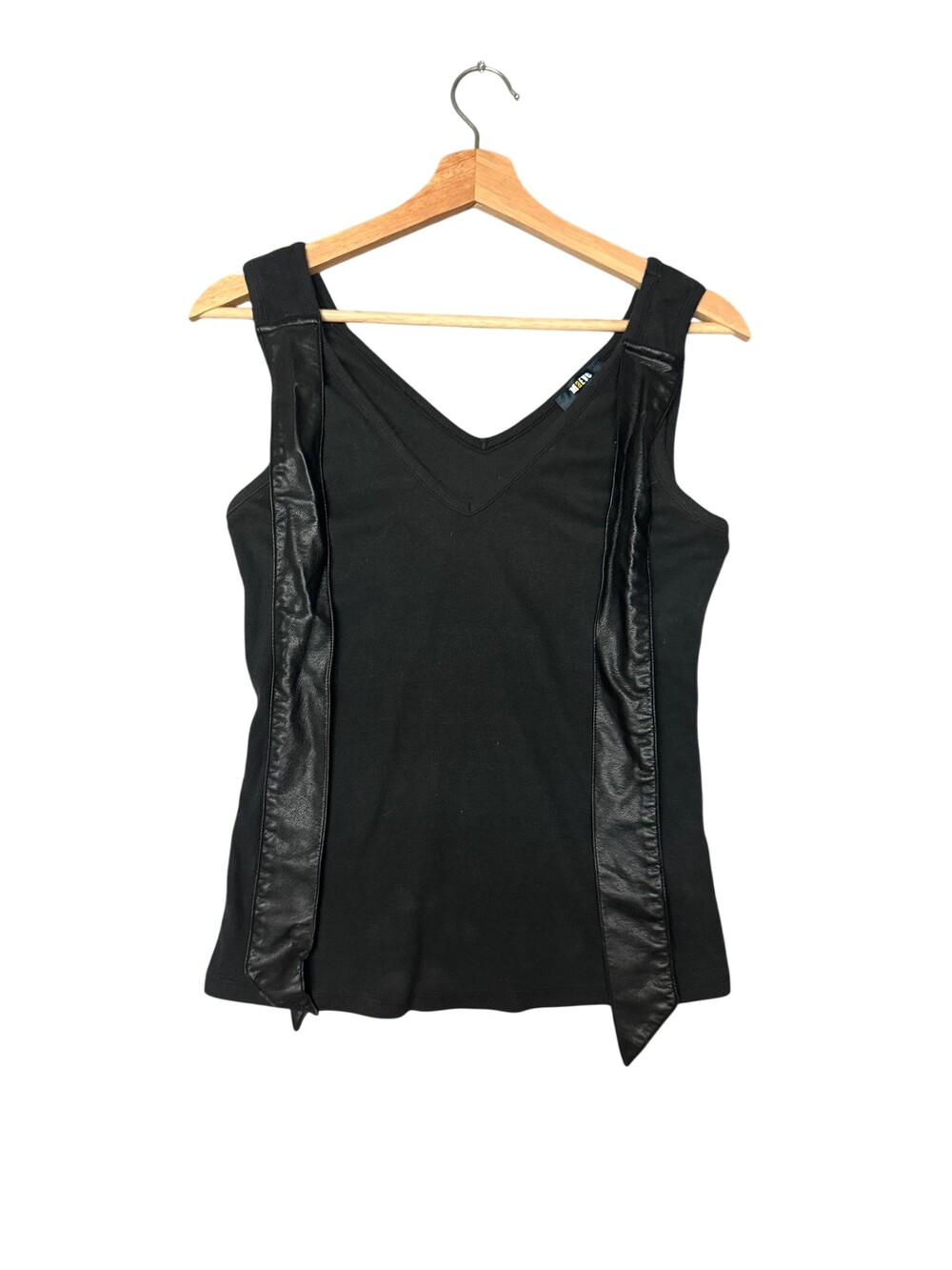 Maeve By Anthropologie Tank Top Womens Small Black V Neck Faux Leather Trim